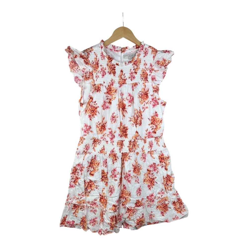Loft Smocked Cap Sleeve Floral Print‎ Dress size Large White/Orange